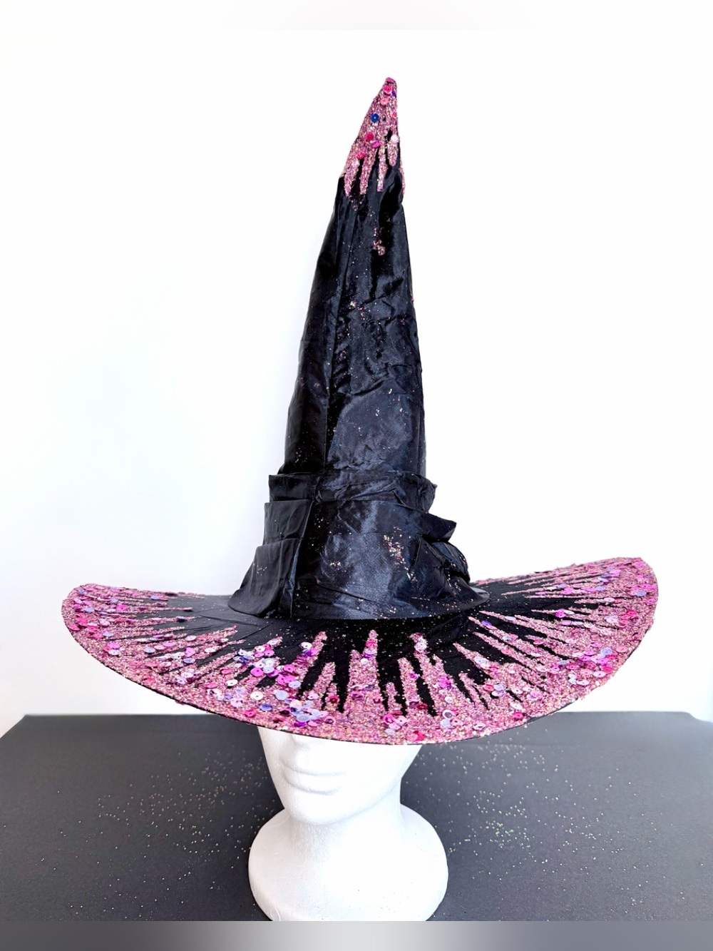 Artisan Witch hat black satin with glimmering, cotton, candy, pink sparkles OS